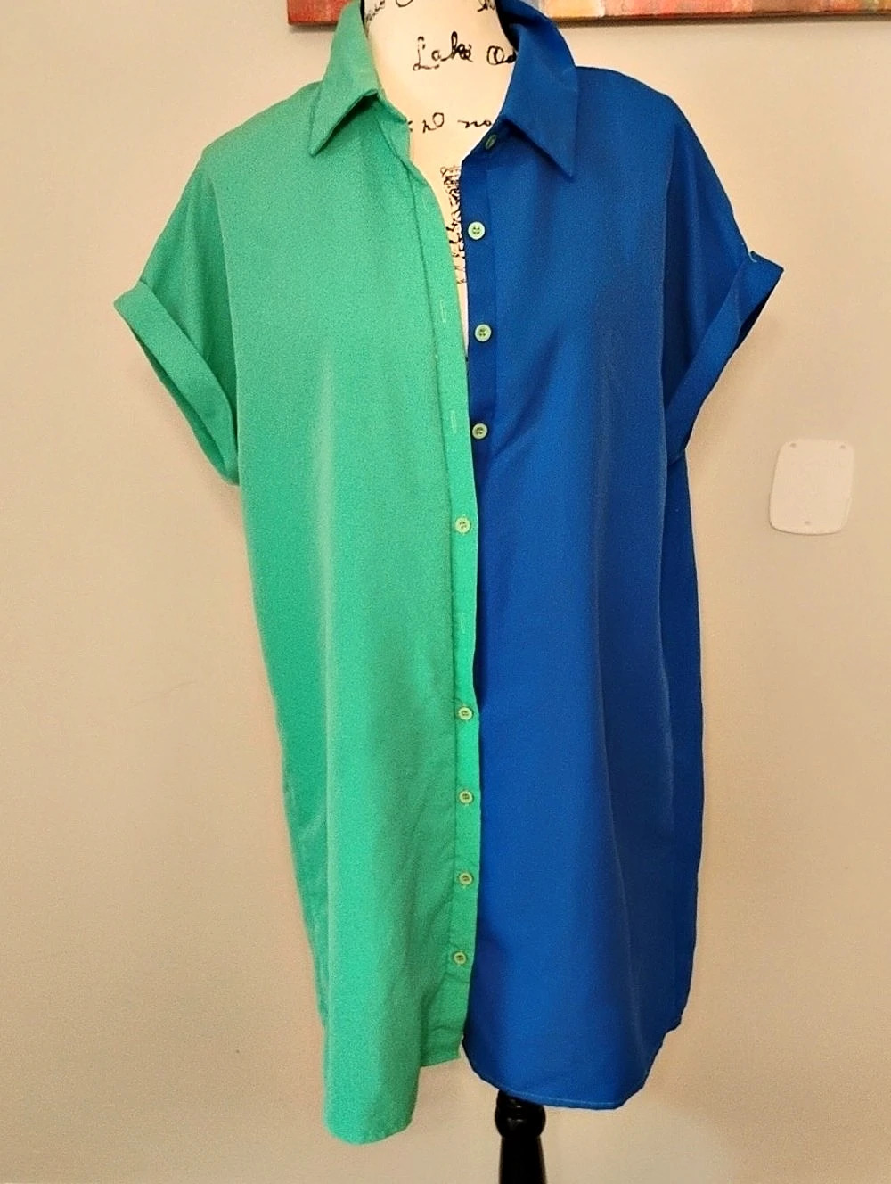 Color Block Button Down in Green & Blue